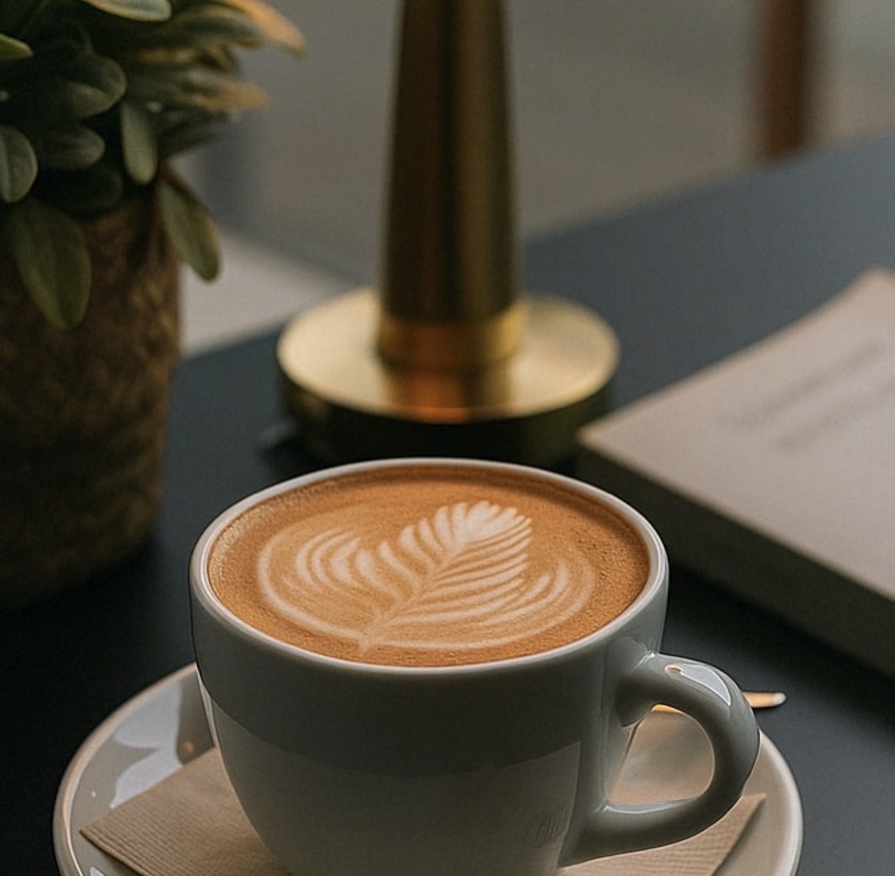Cappuccino mit Latte Art und Café-Details